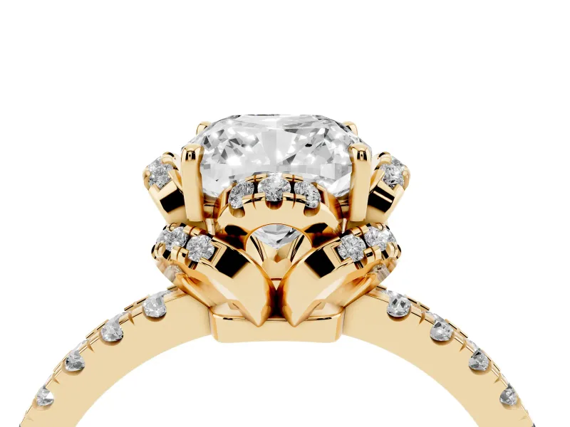 Cushion Cut Diamond Halo Pavé Band Ring Set in Yellow gold with Prong-Held Center