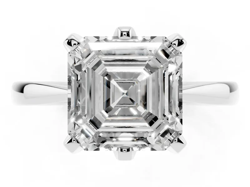 Asscher Cut Diamond Solitaire Engagement Ring Set in Silver with Slim Tapered Solitaire Band