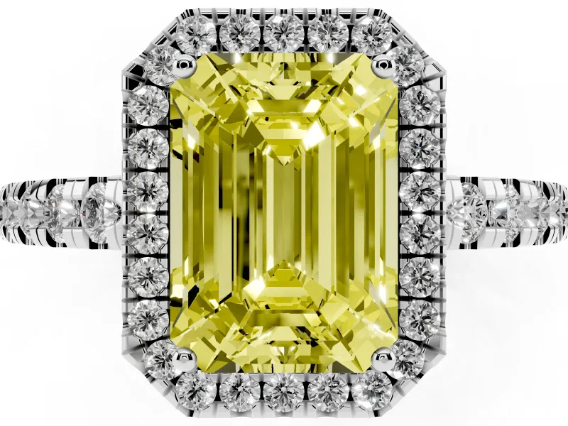 Fancy Yellow Emerald Cut Diamond Halo Ring Set in Platinum with Delicate Pavé Band and Prong Setting