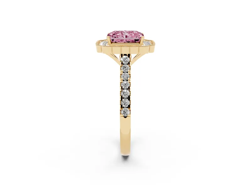 Fancy Pink Radiant Cut Diamond Milgrain Floral Halo Engagement Ring Set in Yellow gold with Pavé Band
