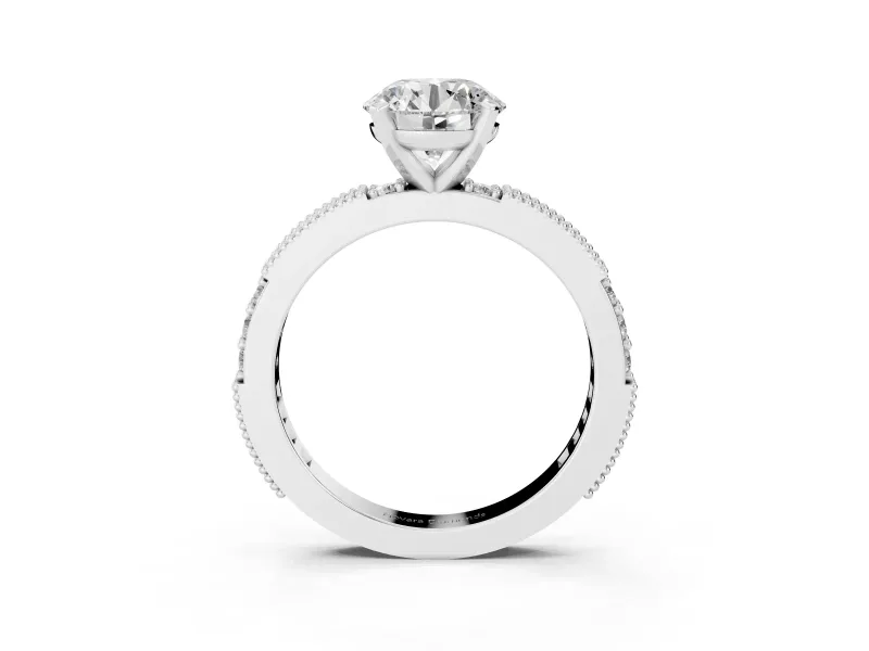 Round Cut Diamond Solitaire Ring Set in Silver with Slim Pavé Band and Prong Setting