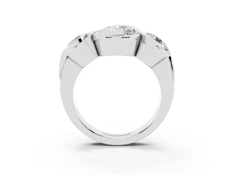 Round Cut Diamond Three-Stone Wave Ring Set in White gold with Bezel Setting