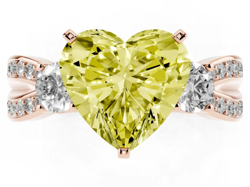 Fancy Yellow Three-Stone Heart Cut Diamond Twist Band Ring Set in Rose gold with Pavé Accents and Prong Setting