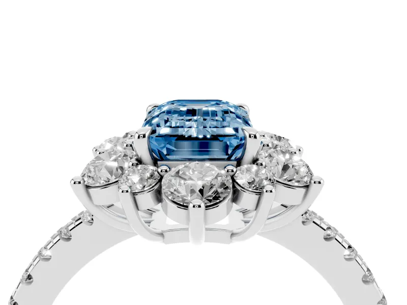 Fancy Blue Emerald Cut Diamond Floral Halo Ring Set in Platinum with Round Pavé Band and Prong Setting