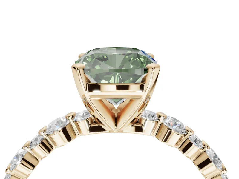 Cushion Cut Pavé Engagement Ring Setting for a Fancy Green Lab-Grown Diamond | Alternating Accents | Yellow Gold