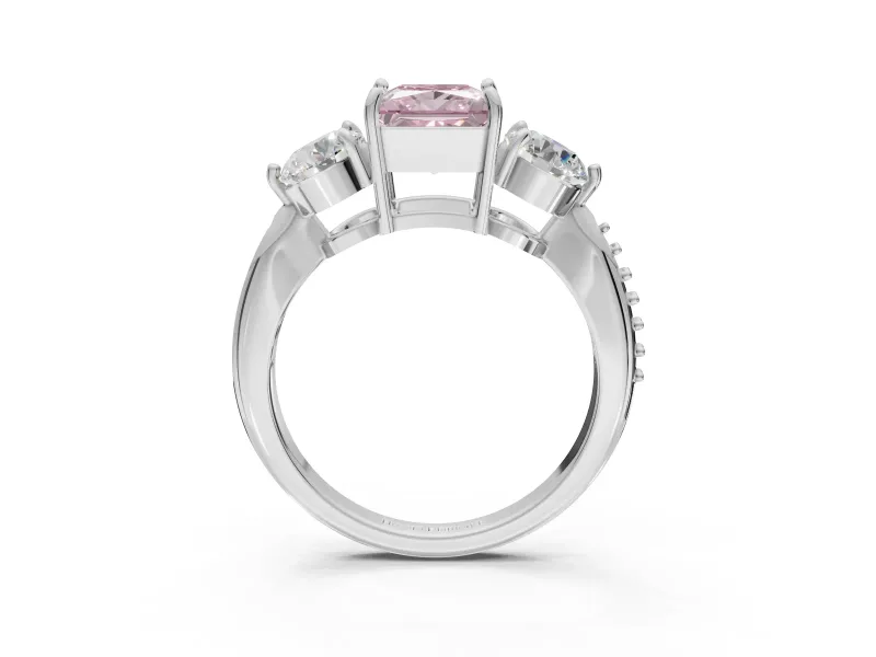 Princess Cut Three Stone Engagement Ring Setting for a Fancy Pink Lab-Grown Diamond | Tapered Pave Band | White Gold