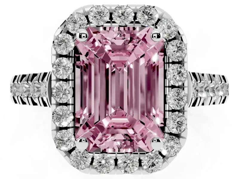 Emerald Cut Accented Halo Engagement Ring Setting for a Fancy Pink Lab-Grown Diamond | White Gold