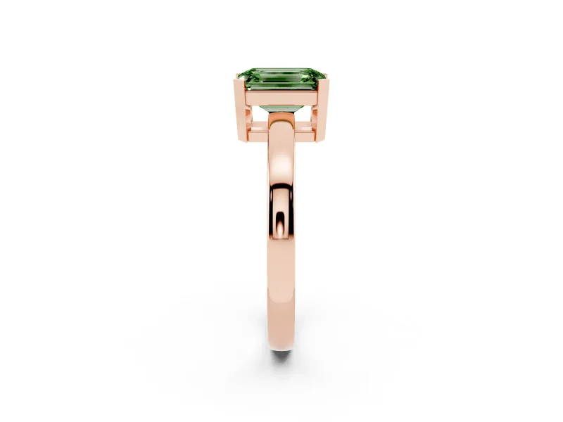 Fancy Green Emerald Cut Diamond Solitaire Ring Set in Rose gold with Prong Head and Smooth Polished Band