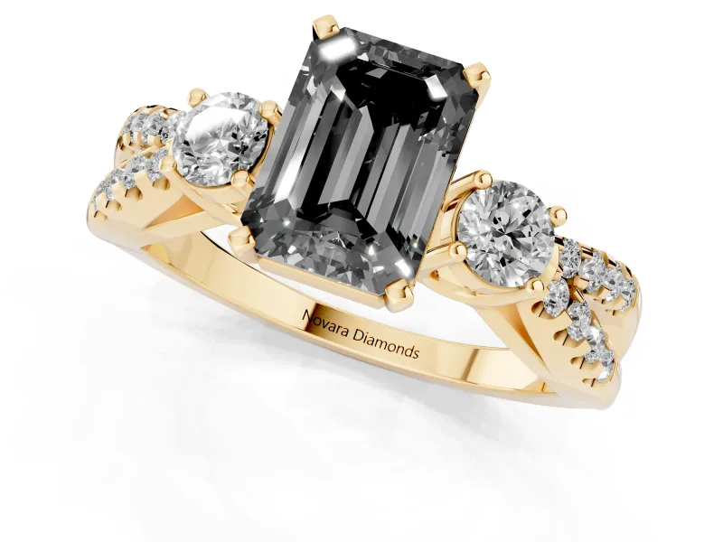 Emerald Cut Three Stone Engagement Ring Setting for a Black Center | Pavé Split Shank | Yellow Gold