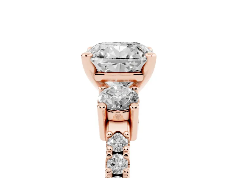 Cushion Cut Three Stone Pavé Engagement Ring Setting | Round Side Stones | Rose Gold