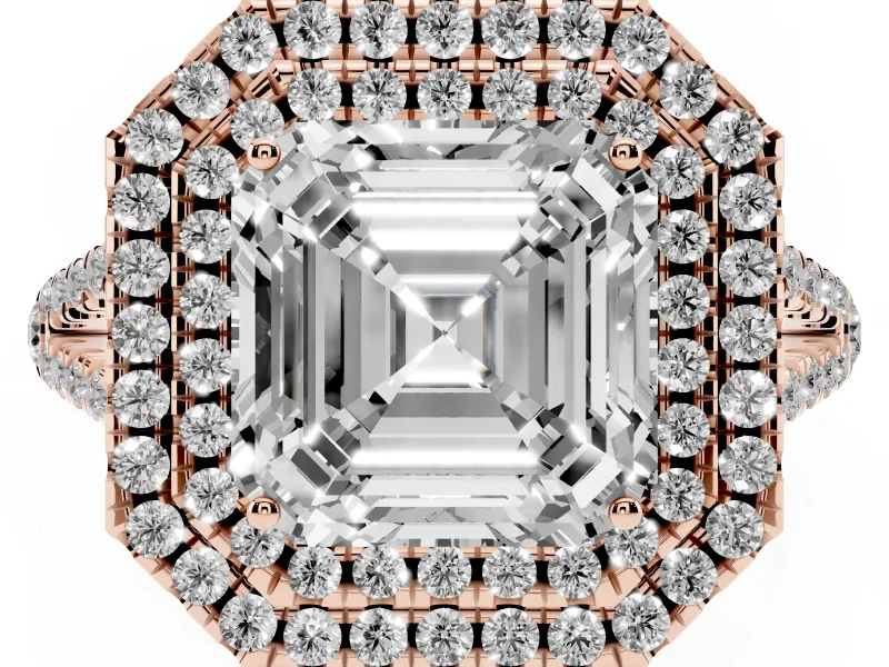 Asscher Cut Double Halo Split Shank Engagement Ring Setting | Pavé Shoulders | Rose Gold