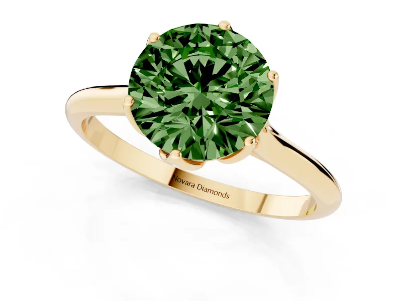 Fancy Green Round Cut Diamond Solitaire Cathedral Ring Set in Yellow gold with Prong Setting