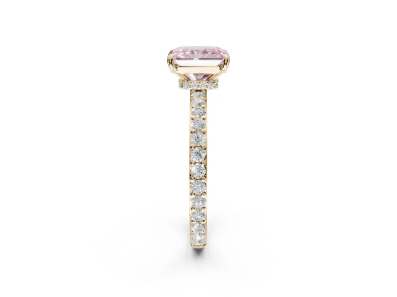 Radiant Cut Hidden Halo Engagement Ring Setting for a Fancy Pink Lab-Grown Diamond | Pavé Band | Yellow Gold