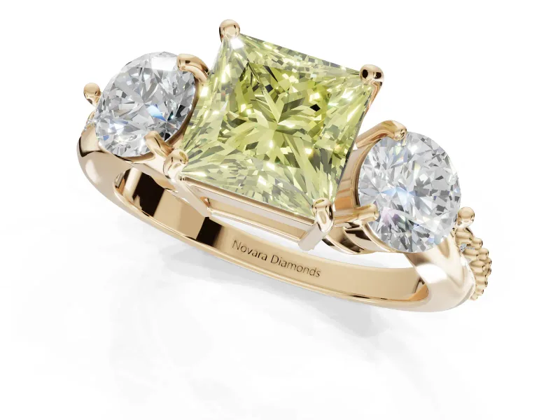 Princess Cut Three Stone Engagement Ring Setting for a Fancy Yellow Lab-Grown Diamond | Tapered Pave Band | Yellow Gold