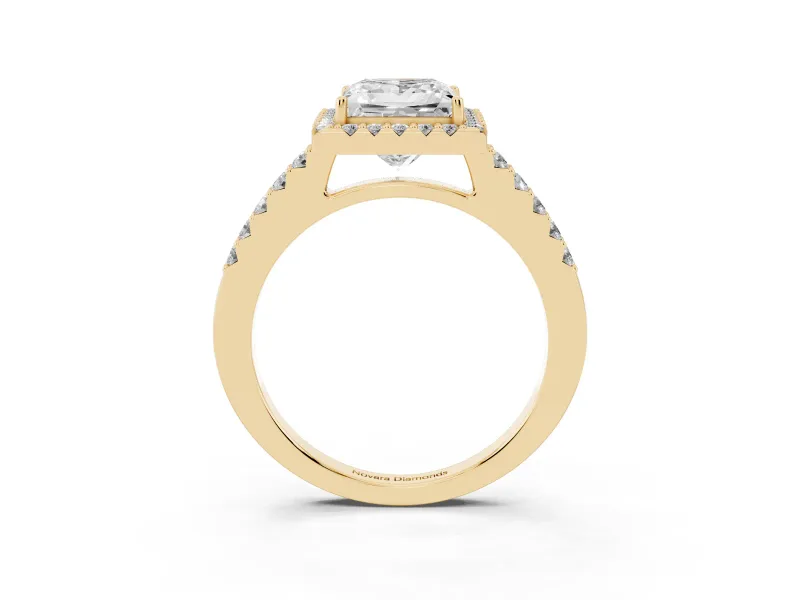 Princess Cut Halo Engagement Ring Setting | Single Row Pavé Band | Yellow Gold
