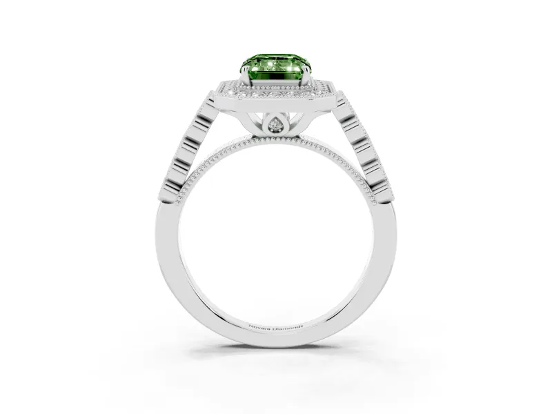 Emerald Cut Graduated Milgrain Halo Engagement Ring Setting for a Fancy Green Lab-Grown Diamond | White Gold