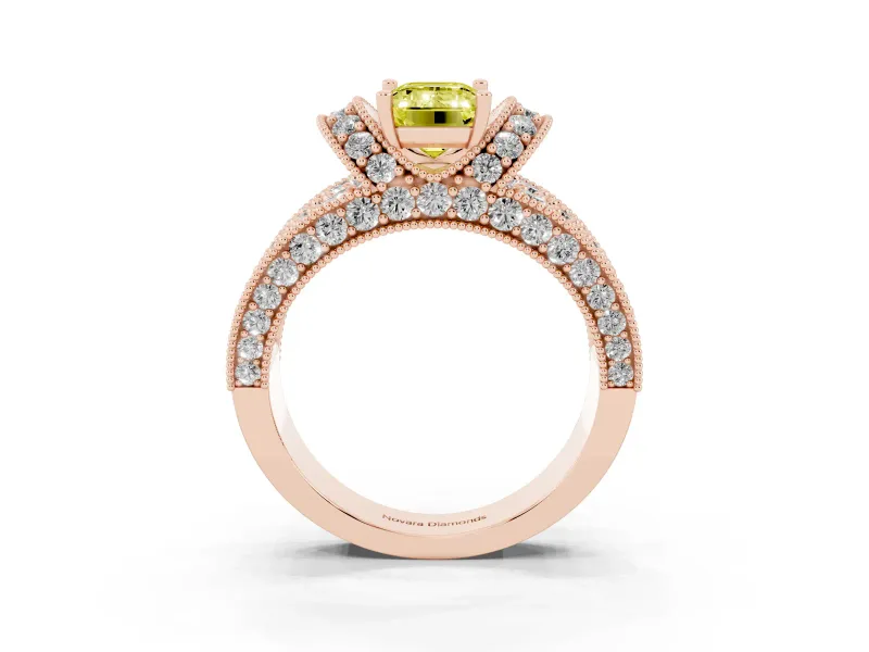 Emerald Cut Vintage Pave Engagement Ring Setting for a Fancy Yellow Lab-Grown Diamond | Milgrain Edges | Rose Gold