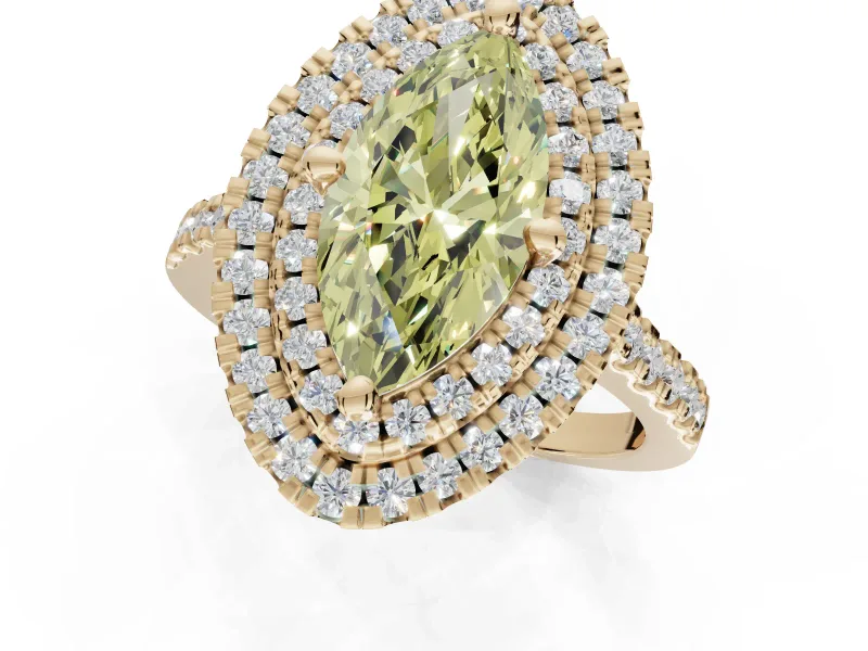 Marquise Double Halo Engagement Ring Setting for a Fancy Yellow Lab-Grown Diamond | Pave Shoulders | Yellow Gold