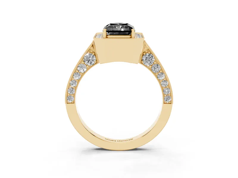 Radiant Cut Milgrain Halo Engagement Ring Setting for a Black Center | Side Stones | Yellow Gold
