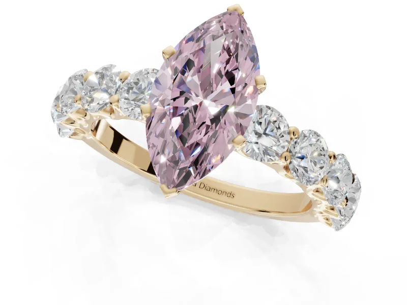 Marquise Side Stone Engagement Ring Setting for a Fancy Pink Lab-Grown Diamond | Scalloped Prong Accents | Yellow Gold