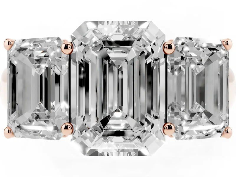 Emerald Cut Three Stone Engagement Ring Setting | Basket Prong Heads | Rose Gold