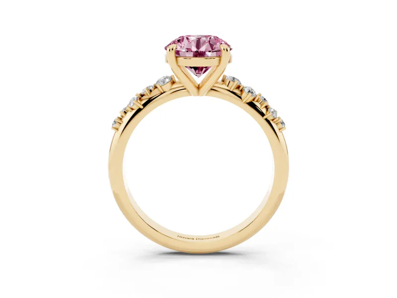 Fancy Pink Round Cut Diamond Solitaire Vine Band Ring Set in Yellow gold with Round Accents and Prong Setting