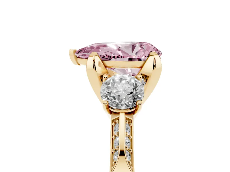Pear-Shaped Hidden Halo Three Stone Engagement Ring Setting for a Fancy Pink Lab-Grown Diamond | Yellow Gold