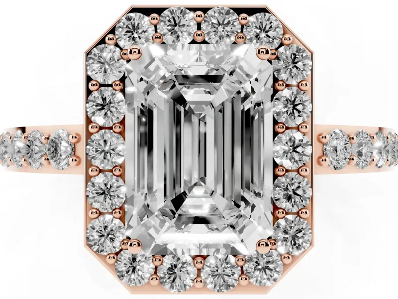 Emerald Cut Diamond Halo Ring Set in Rose gold with Pavé-Setting Band and Open Prong Center