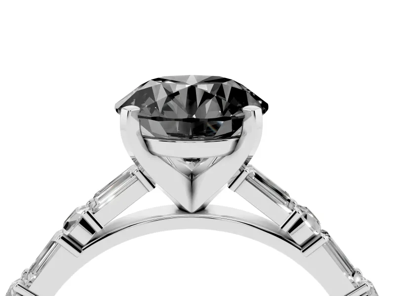 Fancy Black Round Cut Diamond Solitaire Set in Silver with Side Baguettes and Channel Set Band