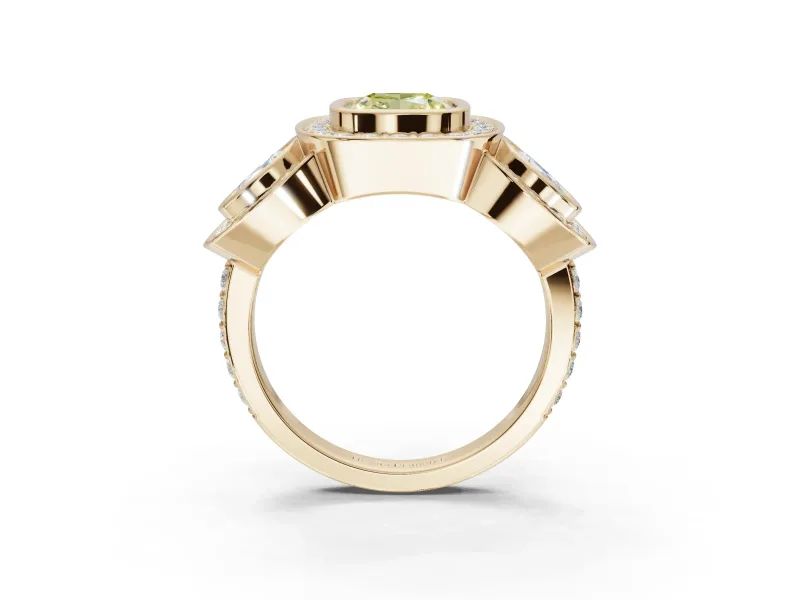 Cushion Cut Three Stone Halo Engagement Ring Setting for a Fancy Yellow Lab-Grown Diamond | Bezel Set | Yellow Gold
