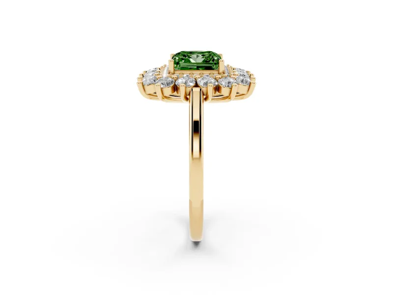 Princess Cut Floral Double Halo Engagement Ring Setting for a Fancy Green Lab-Grown Diamond | Plain Band | Yellow Gold