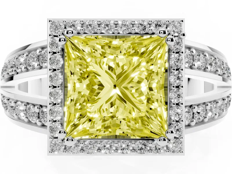 Princess Cut Halo Engagement Ring Setting for a Fancy Yellow Lab-Grown Diamond | Pave Split Shank | Sterling Silver