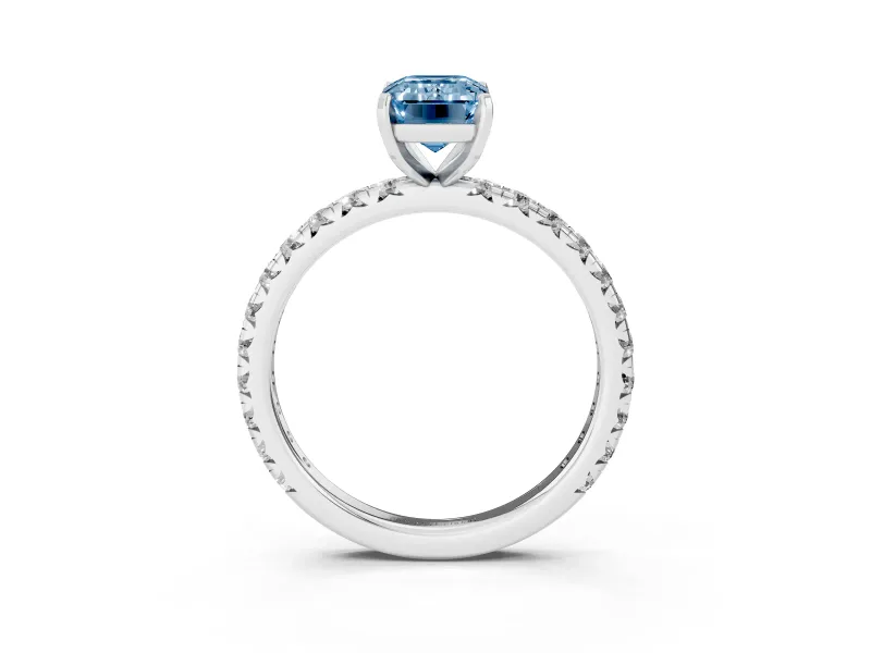 Fancy Blue Emerald Cut Diamond Pavé Solitaire Ring Set in Silver with Round Band and Prong Setting