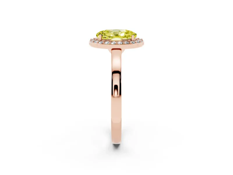 Fancy Yellow Oval Cut Diamond Halo Ring Set in Rose gold with Solitaire Band and Prong Setting