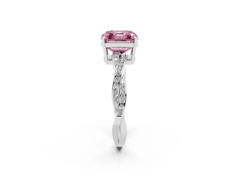 Fancy Pink Asscher Cut Diamond Solitaire Twisted Pavé Ring Set in Silver with Prong Setting