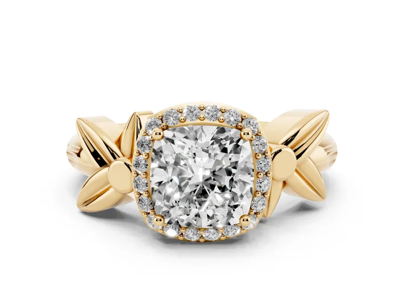Cushion Cut Diamond Halo Floral Band Ring Set in Yellow gold with Prong Setting