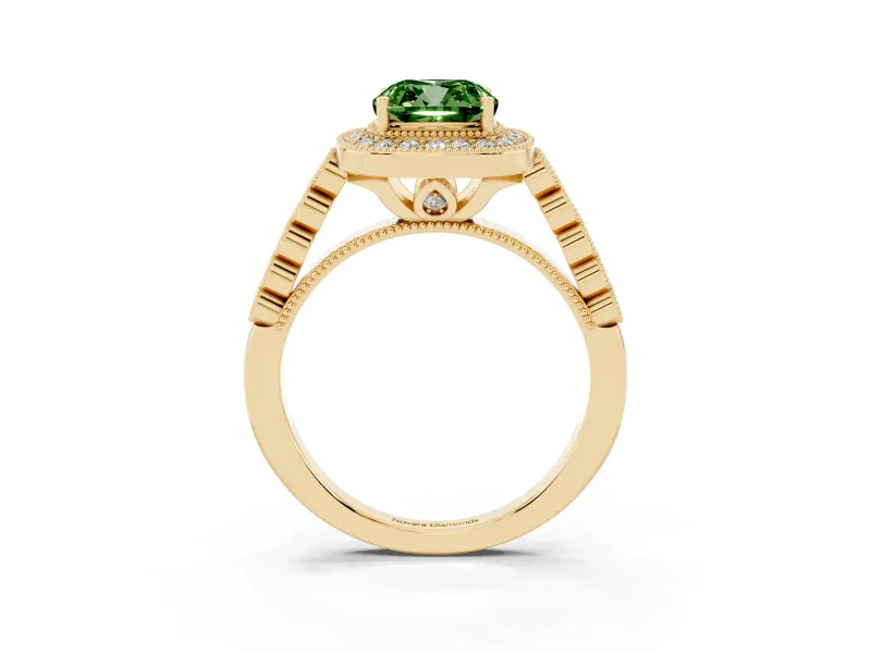 Cushion Cut Graduated Milgrain Halo Engagement Ring Setting for a Fancy Green Lab-Grown Diamond | Yellow Gold