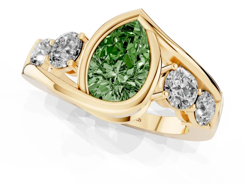Fancy Green Pear Cut Diamond Bezel Bypass Ring Set in Yellow gold with Round Accents