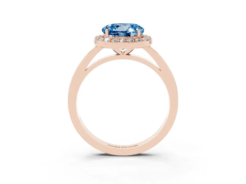 Round Thin Halo Engagement Ring Setting for a Fancy Blue Lab-Grown Diamond | Plain Band | Rose Gold