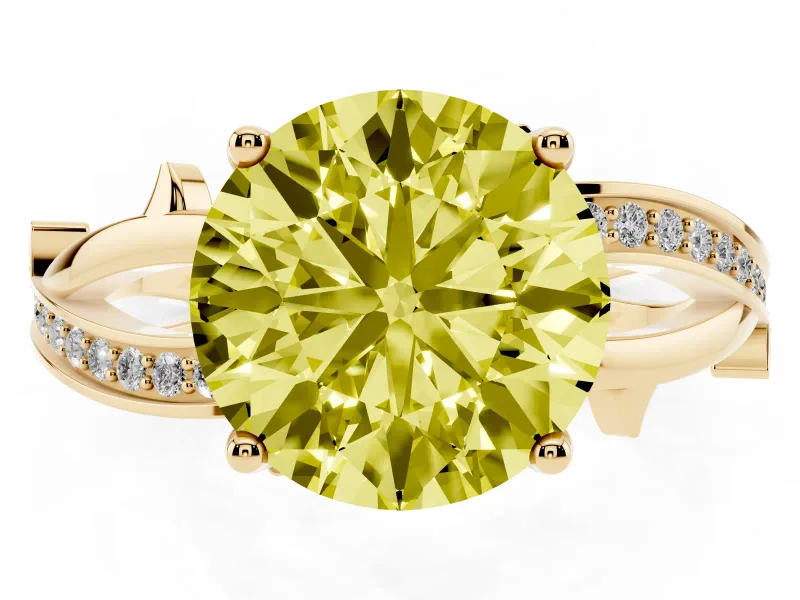 Fancy Yellow Round Cut Diamond Pavé Twist Band Solitaire Ring Set in Yellow gold with Prong Setting