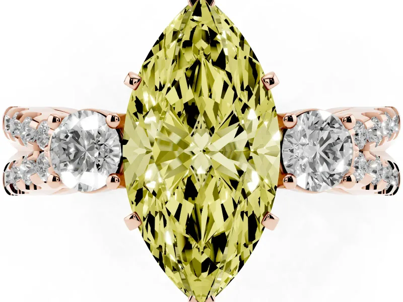 Fancy Yellow Marquise Cut Diamond Three-Stone Ring Set in Rose gold with Pavé Split Shank and Prong Setting