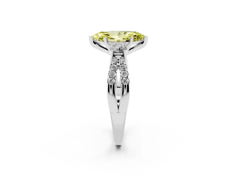 Fancy Yellow Marquise Cut Diamond Three-Stone Ring Set in Platinum with Pavé Split Shank and Prong Setting