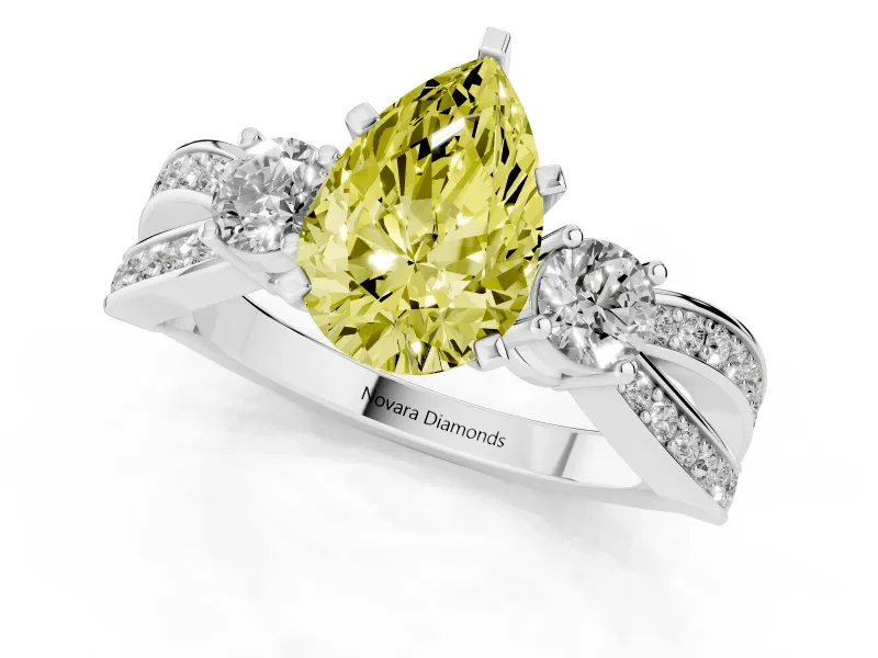 Fancy Yellow Three-Stone Pear Cut Diamond Twist Band Ring Set in Silver with Pavé Accents and Prong Setting