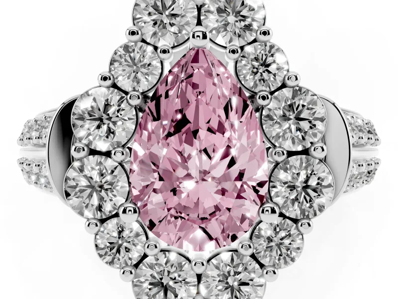 Fancy Pink Pear Cut Diamond Halo Engagement Ring Set in Silver with Split Shank and Prong Setting