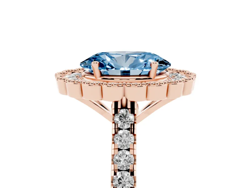 Fancy Blue Oval Cut Diamond Milgrain Floral Halo Engagement Ring Set in Rose gold with Pavé Band
