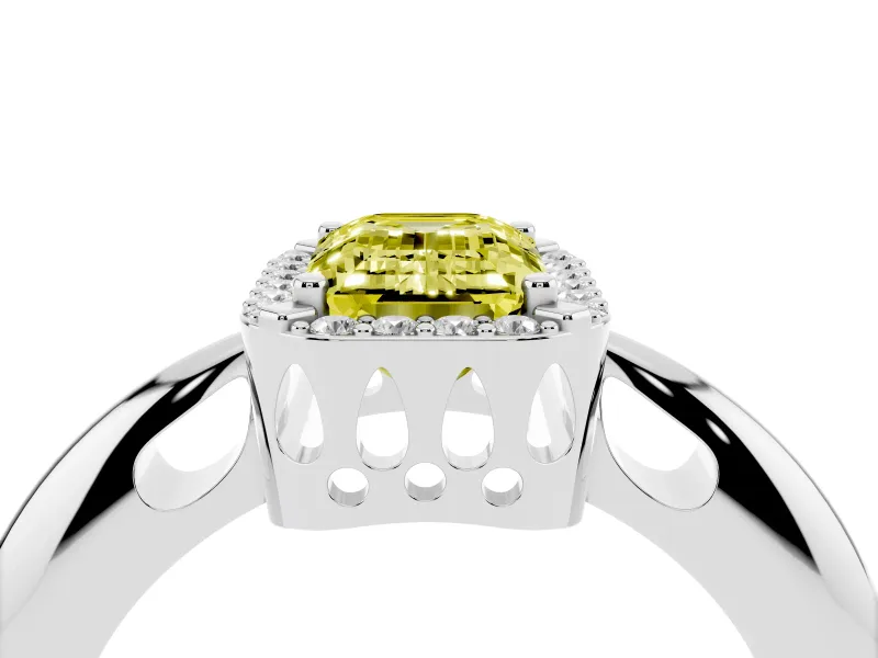 Fancy Yellow Emerald Cut Diamond Halo Engagement Ring Set in Silver with Plain Split Shank and Prong Setting
