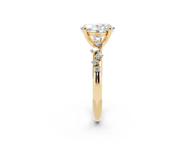 Oval Cut Diamond Solitaire Vine Band Ring Set in Yellow gold with Round Accents and Prong Setting