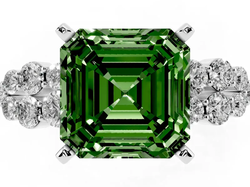 Fancy Green Asscher Cut Diamond Cluster Engagement Ring Set in Platinum with Pavé Band and Prong Setting