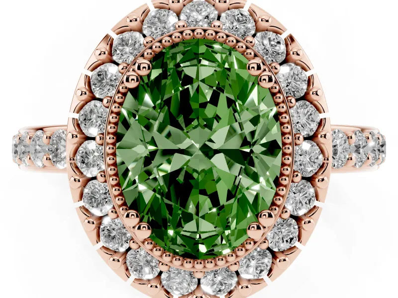 Oval Vintage Milgrain Halo Engagement Ring Setting for a Fancy Green Lab-Grown Diamond | Pierced Gallery | Rose Gold