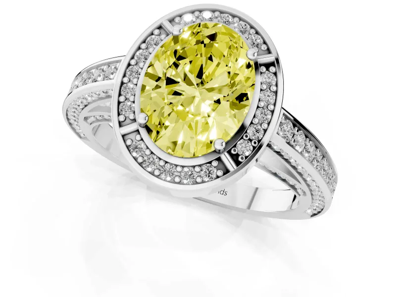 Fancy Yellow Oval Cut Diamond Halo Pavé Split Shank Ring Set in Platinum with Prong Setting